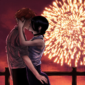 Ilustración de un beso bajo fuegos artificiales